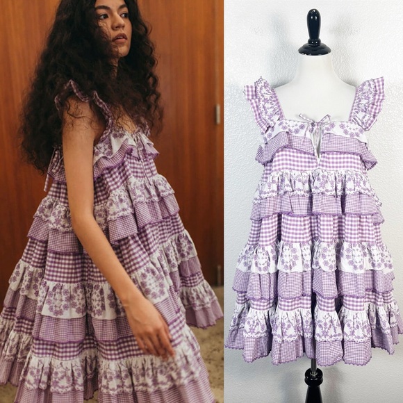 INNIKA Choo Womens Embroidered Ruffle Layered Swing Dress in Lilac Size 1 /Small - Picture 1 of 16